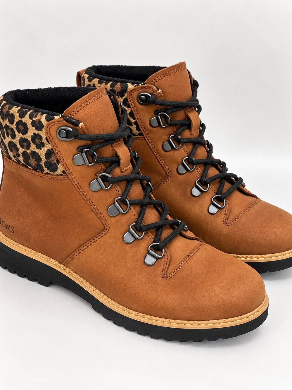 TOMS Women’s Brown Leather Lace-Up Boots w/ Leopard Detail – Size 9.5